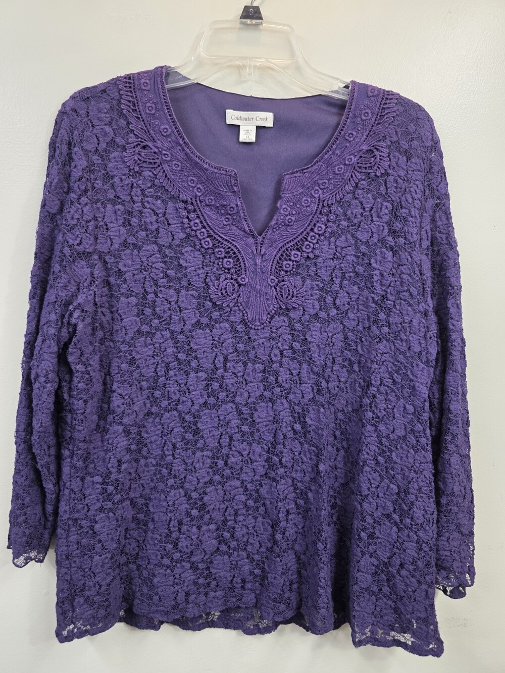 Coldwater Creek Purple Lace V Neck 3/4 Sleeve Top Women's Size 1X